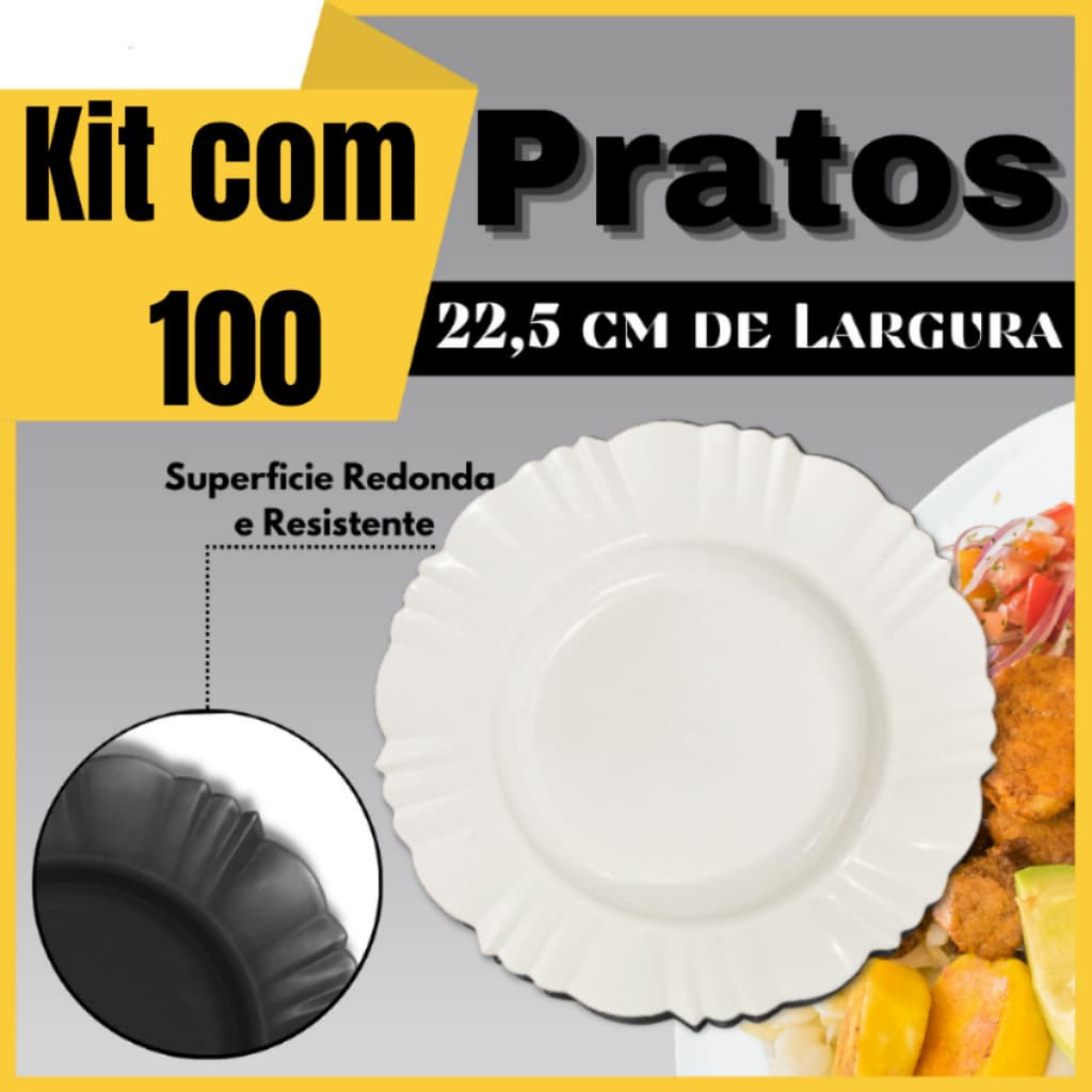 Kit 100 Pratos Pétala Plastico Redondo Fundo Resistente