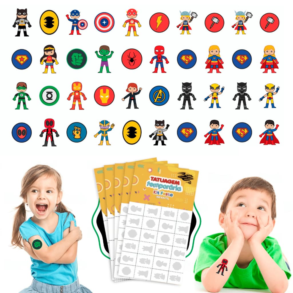 160 Tatuagem Infantil Temporária Super Heróis Menino Menina Festa