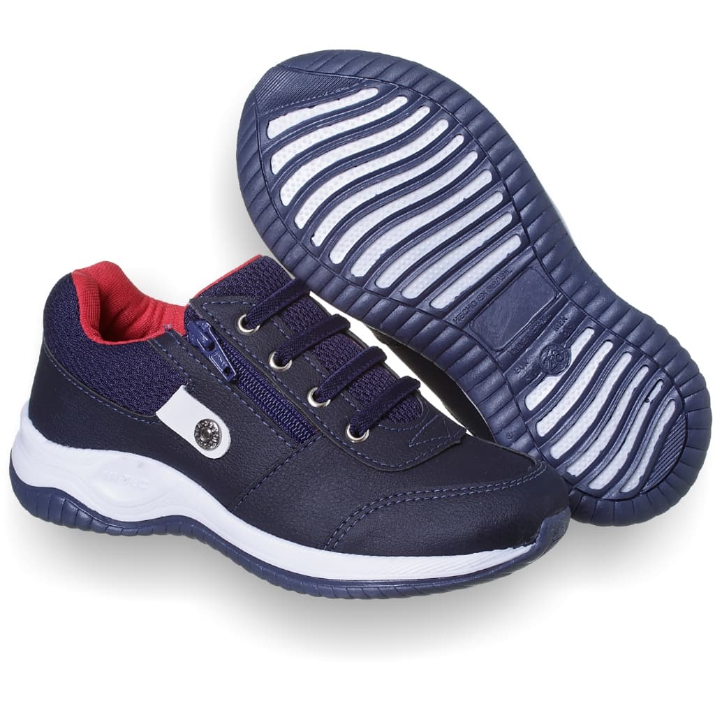 Tênis Jogging Escolar Sapatenis Casual Infantil Masculino Marinho/branco, Com Zíper E Elástico