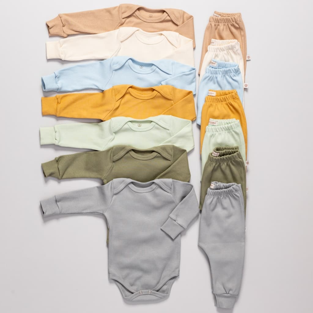 Kit 6 Peças  Conjunto Body Manga Longa Canelado + Mijão Liso Canelado Bebê Menino e Menina Barato