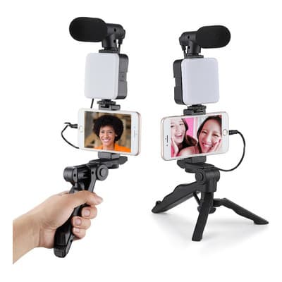 Kit Gravaçao 5 Em 1 Com Microfone  Led Suporte Celular Cor Preto