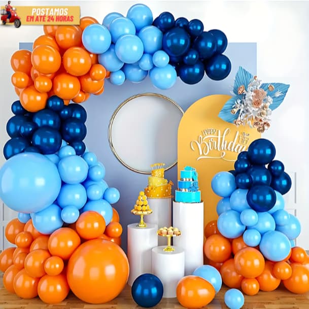 Kit 125 Balão Para Arco Latex e Cromado Laranja + Azul Claro + Azul Cromado Decoração Festas Eventos