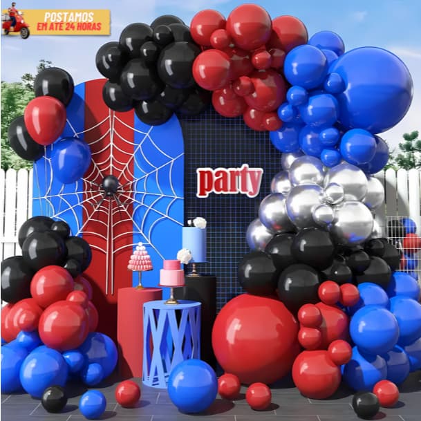 Kit 175 Balão Tema Teia Aranha - Preto + Vermelho + Azul + Prata Para Arco Decoração Festa e Eventos