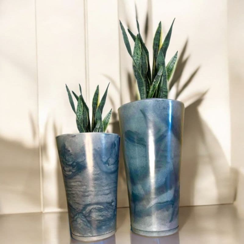 kit 2 Vasos coluna grande e médio cone polido Mármorizada com prato Premium Luxo Jardim Sala