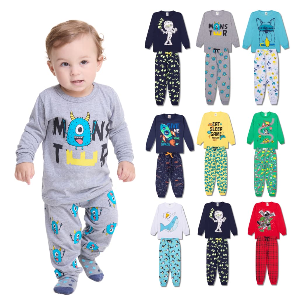 Kit Sortido 4 Peças Pijama Manga Longa Bebê Menino (2 Camisas + 2 Calças) Kit com 2 Pijamas de Roupa Infantil