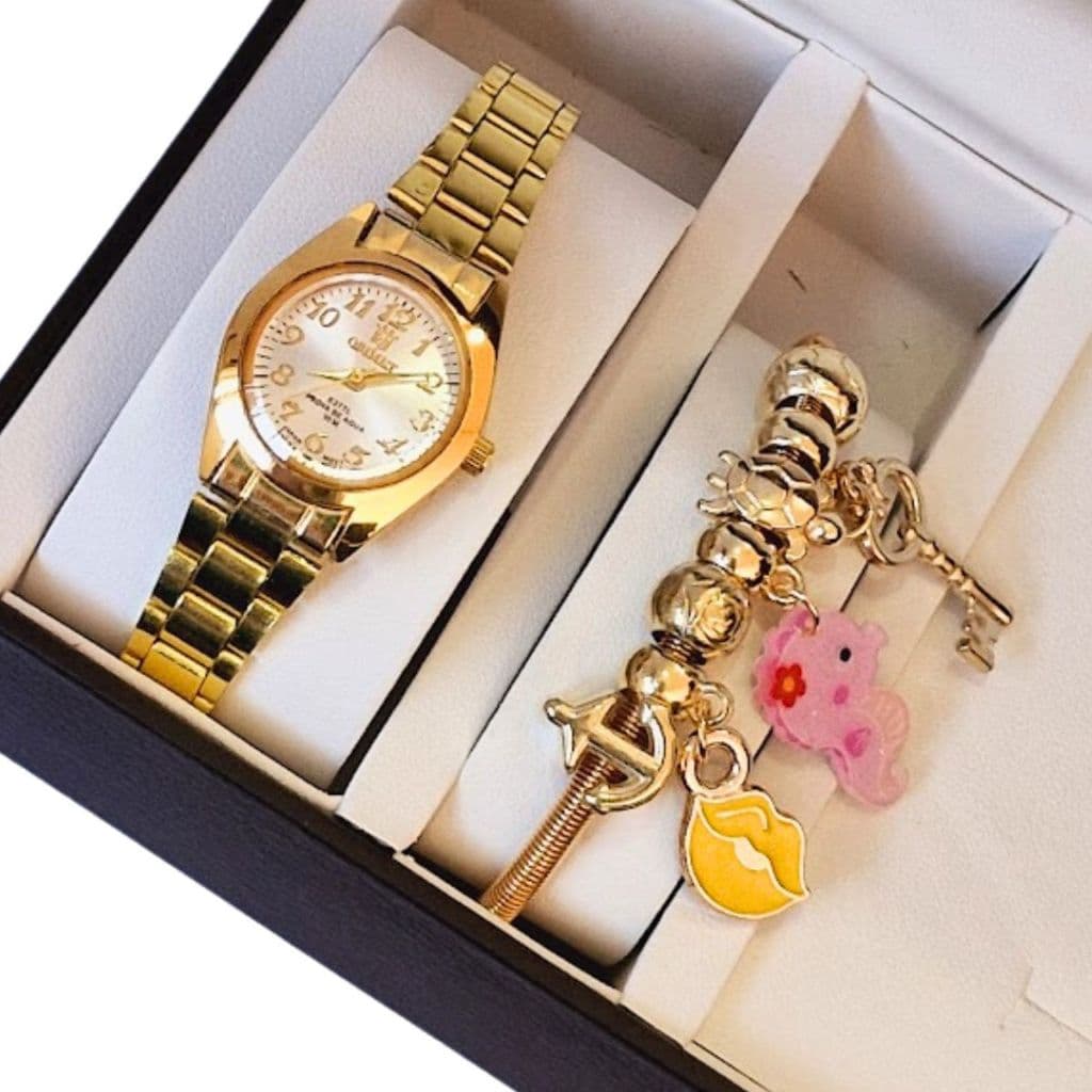 Relogio Infantil meninas Analógico Dourado Prata + Pulseira Infantil Berloques Pandorinha- Presente Dia das Crianças, Presente de Natal