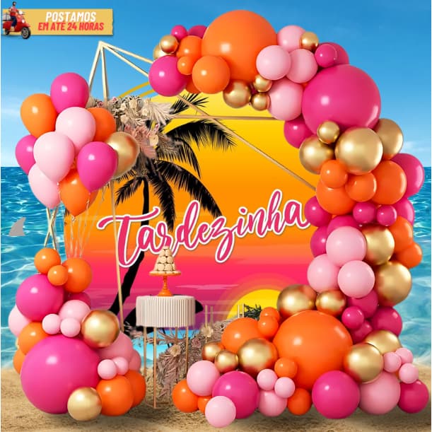 Kit 175 Balão Tema  TARDEZINHA - Pink + Laranja + Rosa + Dourado Cromado Decoração Aniversário.