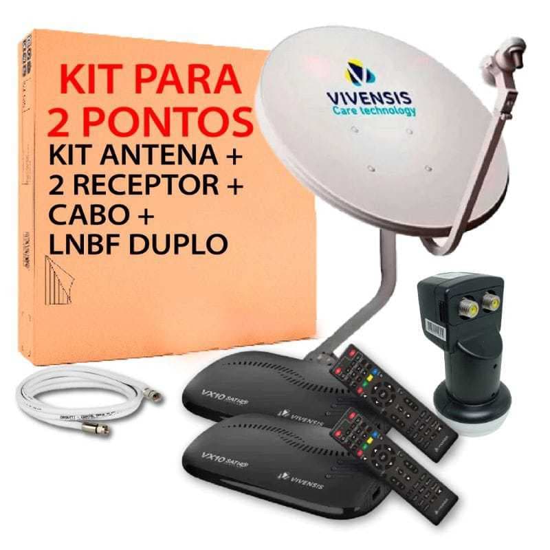 Kit 2 Receptor Vivensis de TV Vx10 + Antena Ku + Cabos + Lnb Duplo e conetores