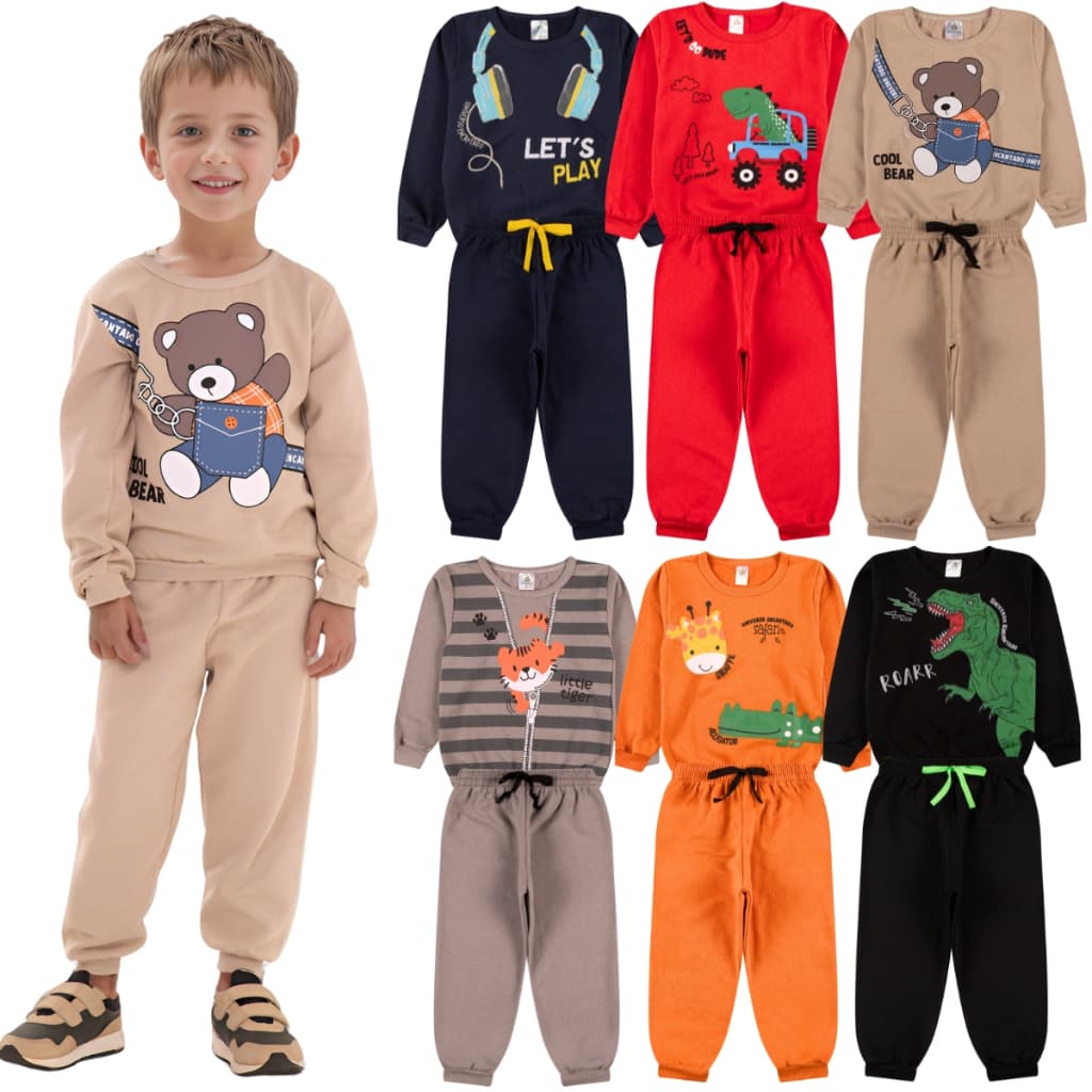 Kit Sortido 6 Peças de Roupas Masculino Infantil Inverno – 3 blusas casacos + 3 calças de 1 ao 10 – Kit 3 Conjuntos