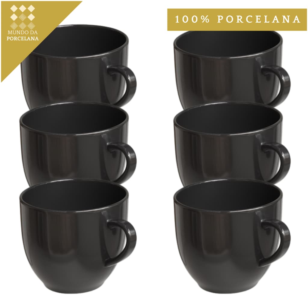 Kit 6 Xicara Cafe Cha Porcelana 95ml Preta Preto Chicara