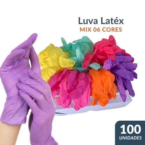 Luva Látex Descartável COLORIDAS KIT 06 Cores Caixa Com 100 Unidades
