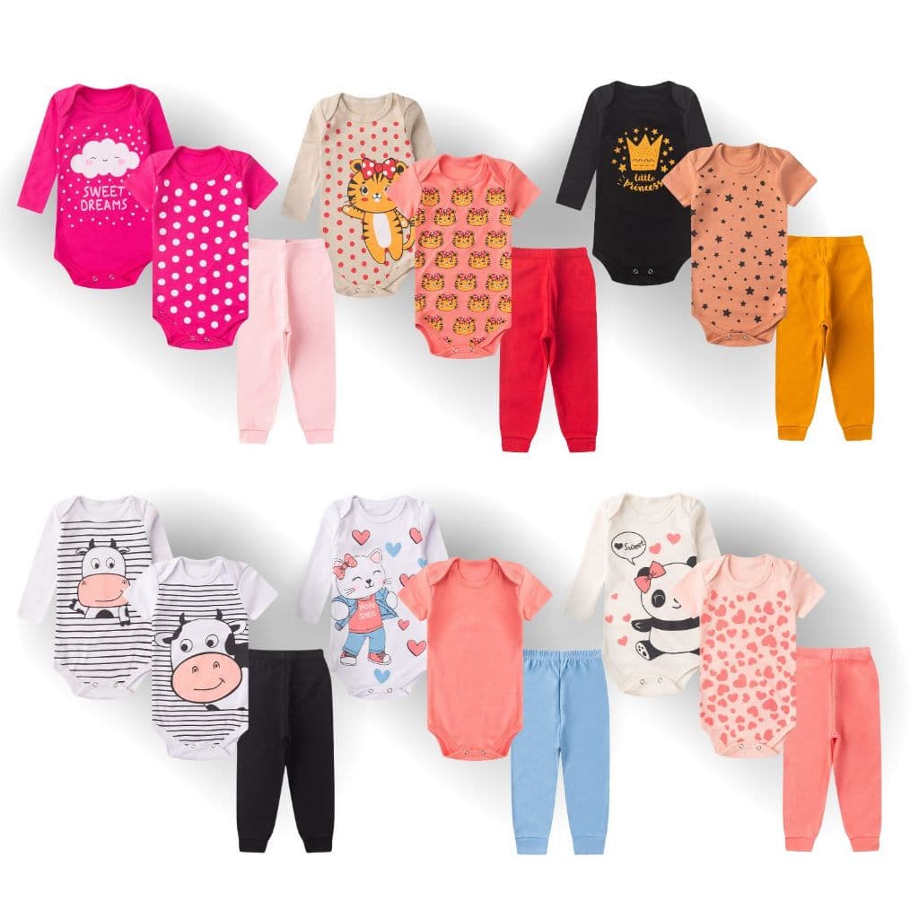 Kit 9 peças body bebê manga curta manga longa calça menina feminino P ao GG