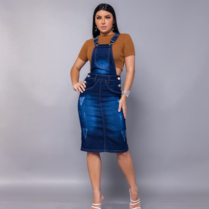 Jardineira Salopete Macacão Jeans Feminino Saia | Denim