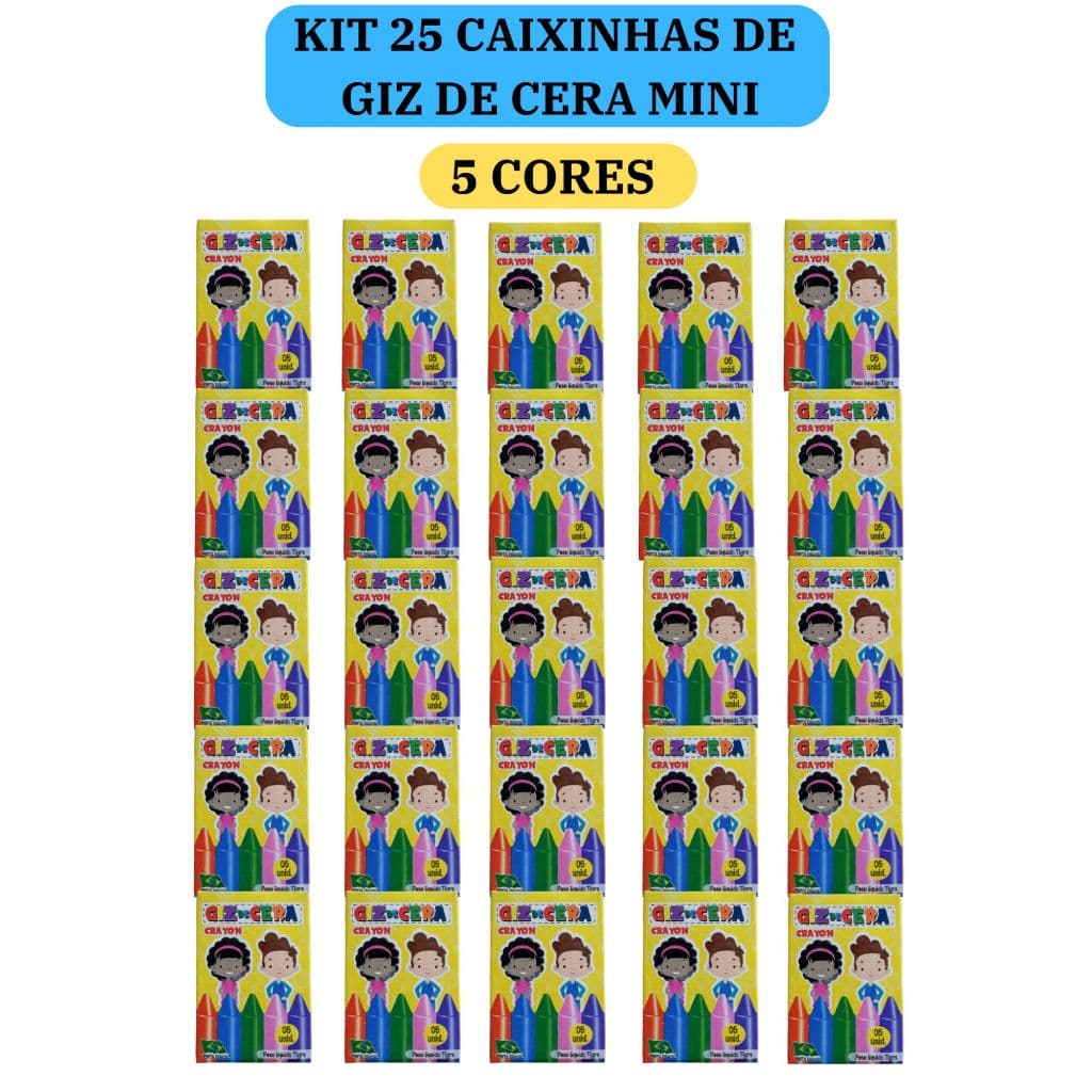 25 cx Mini Giz de Cera 5 Cores P/ Kit Festa Lembrancinha Artesanato Infantil