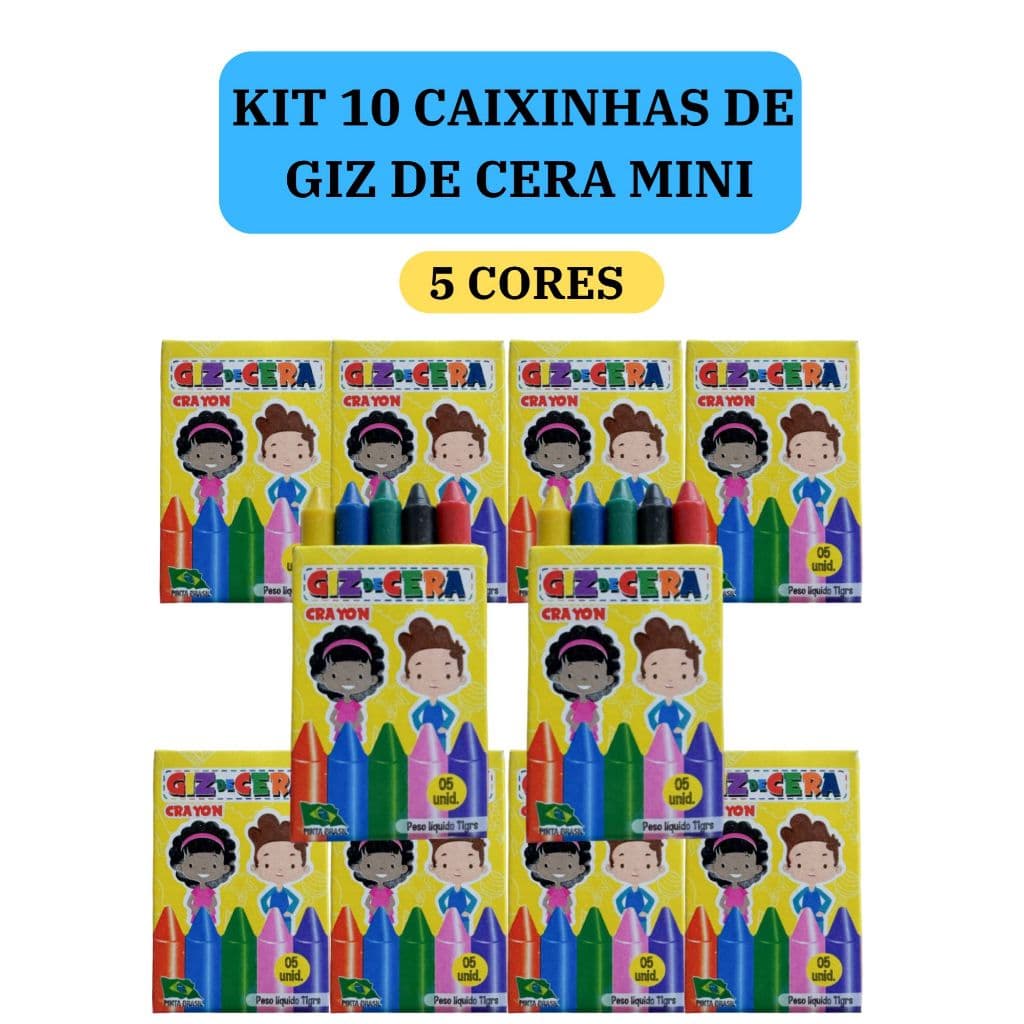10 cx Mini Giz de Cera 5 Cores P/ Kit Festa Lembrancinha Artesanato Infantil