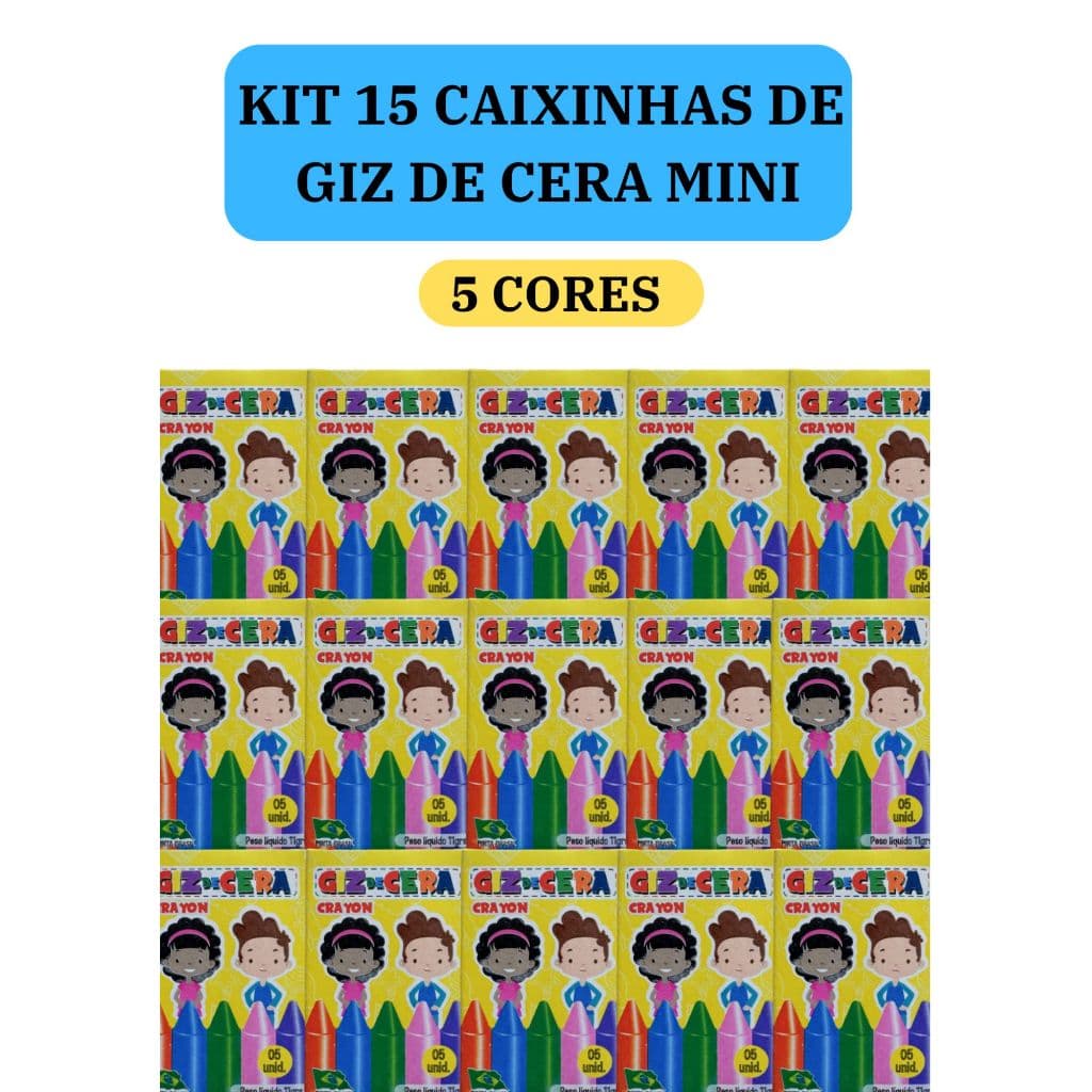 15 cx Mini Giz de Cera 5 Cores P/ Kit Festa Lembrancinha Artesanato Infantil