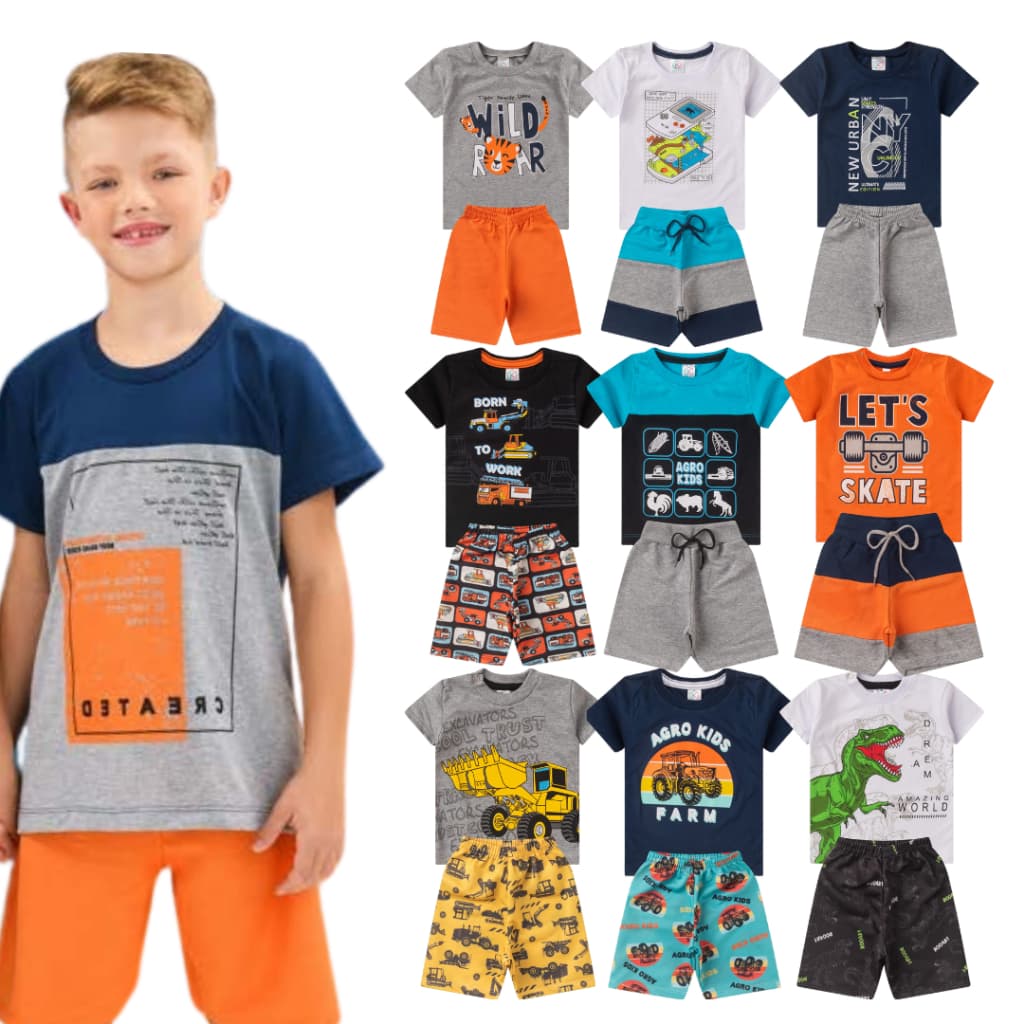 Kit 4 peças 2 Conjuntos Infantil/Juvenil verão Menino tamanho 01 ao 16