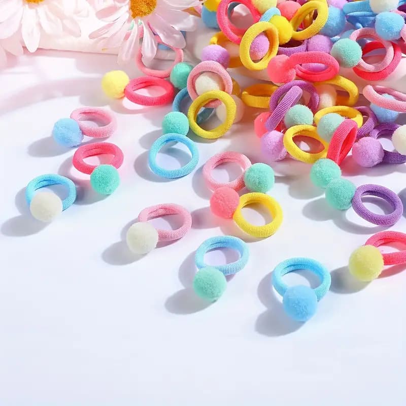 Kit 120 Elásticos Laços de Cabelo com PomPom Infantil e Adulto