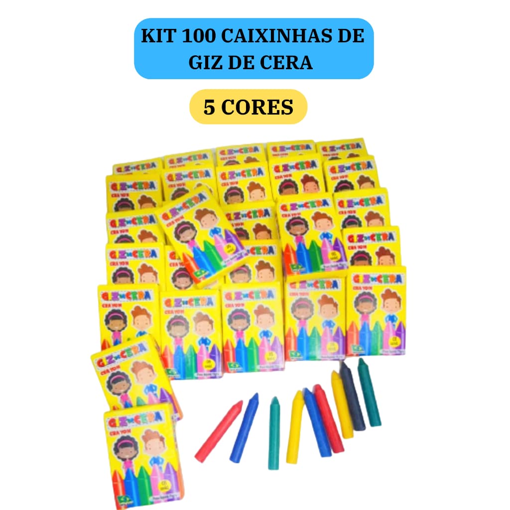 100 cx Mini Giz de Cera 5 Cores P/ Kit Festa Lembrancinha Artesanato Infantil