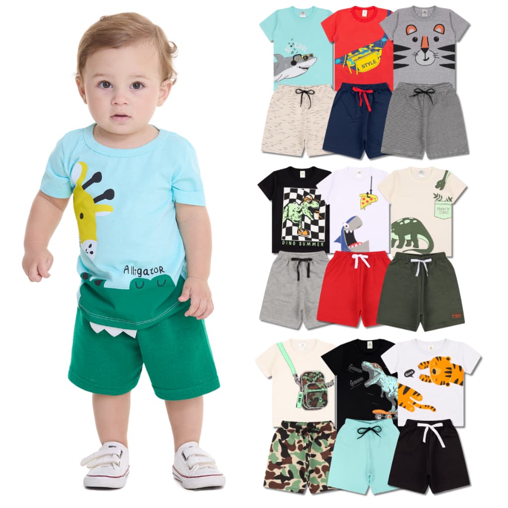 Kit Sortido 8 Peças de Roupas Infantil Bebê Menino (4 Camisetas + 4 Bermudas) Kit 4 Conjuntos Bebê