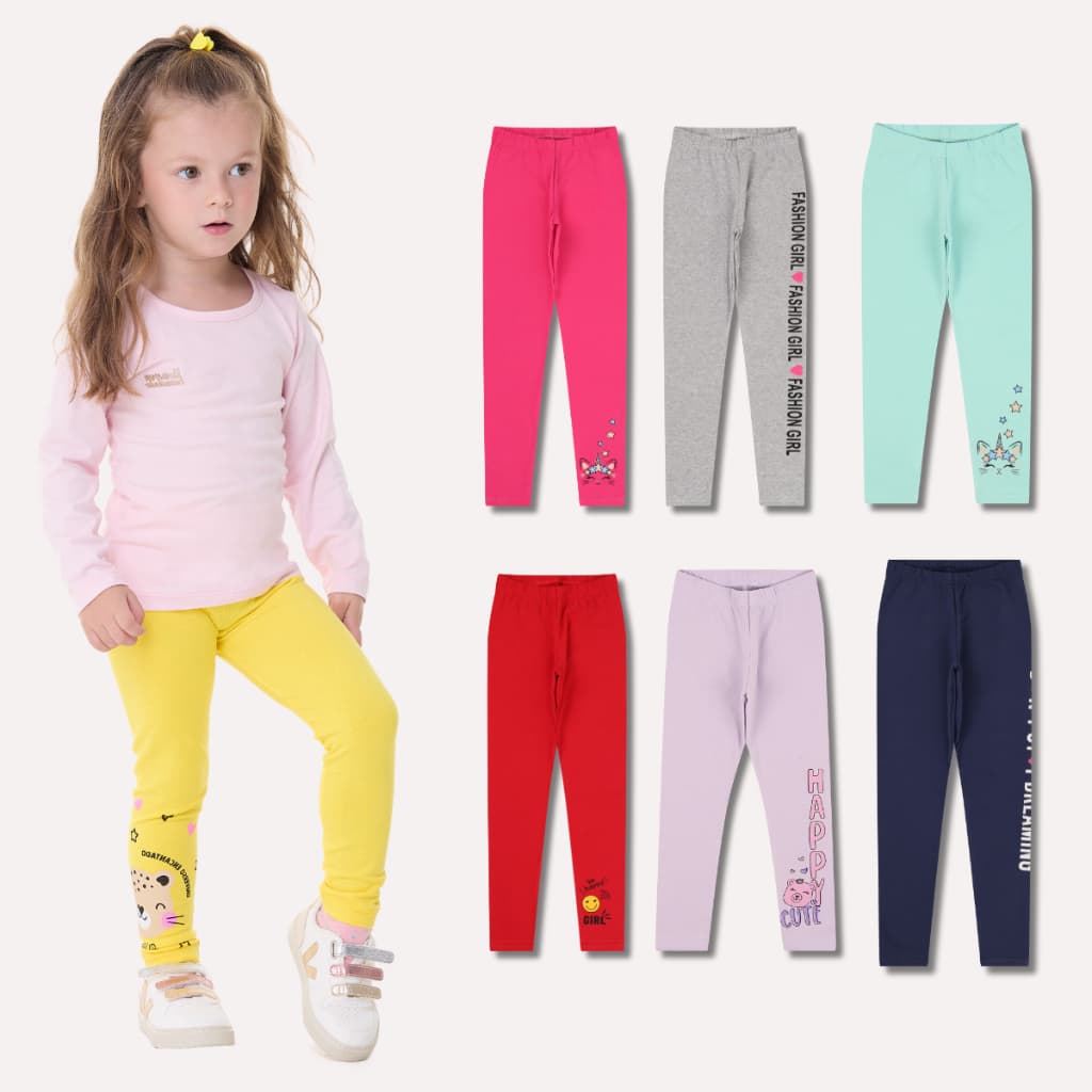 Kit Sortido de 3 Calças Leggings de Cotton para Meninas Tamanho 2 ao 10 Roupa Infantil Menina Bebê