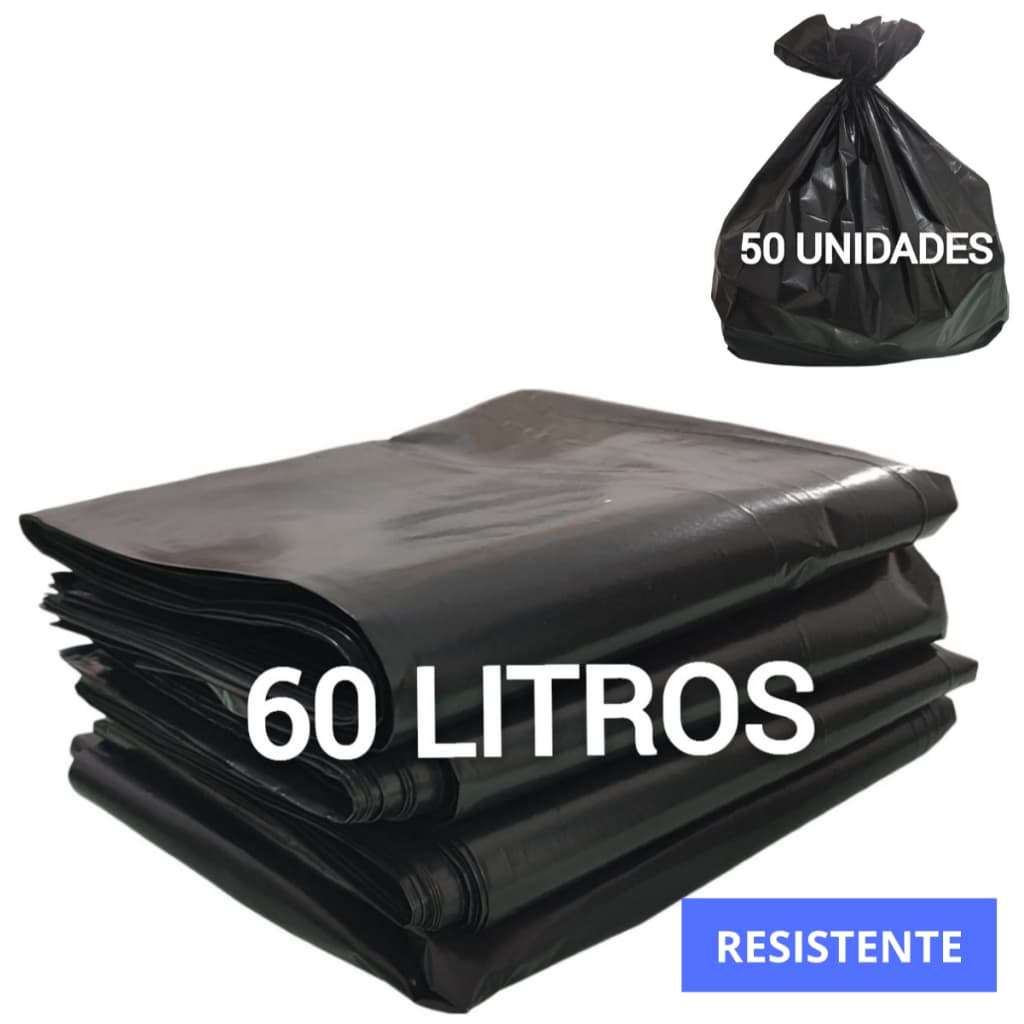 Saco de Lixo 60 Litros Pacote Com 50 Unidades Preto Resistente Uso Doméstico