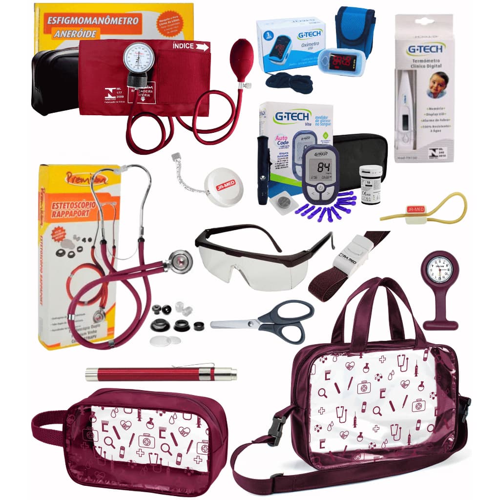 Kit Material de Enfermagem Aparelho Pressão com Estetoscópio Rappaport Duplo Premium + Oximetro + Nécessaire e Bolsa