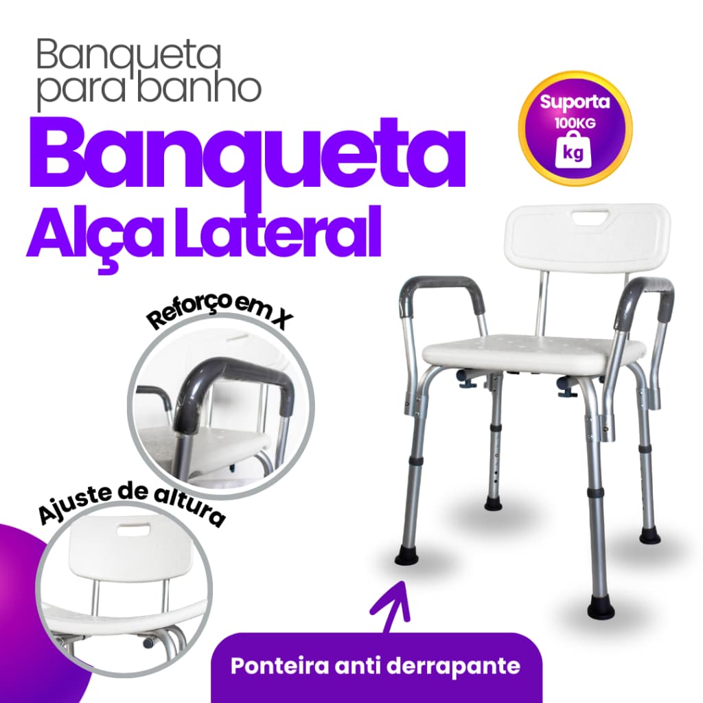 Banqueta Com Encosto Alça Lateral Braço Idoso 100kg Aluminio Inoxidável Antiderrapante Cadeira Banho