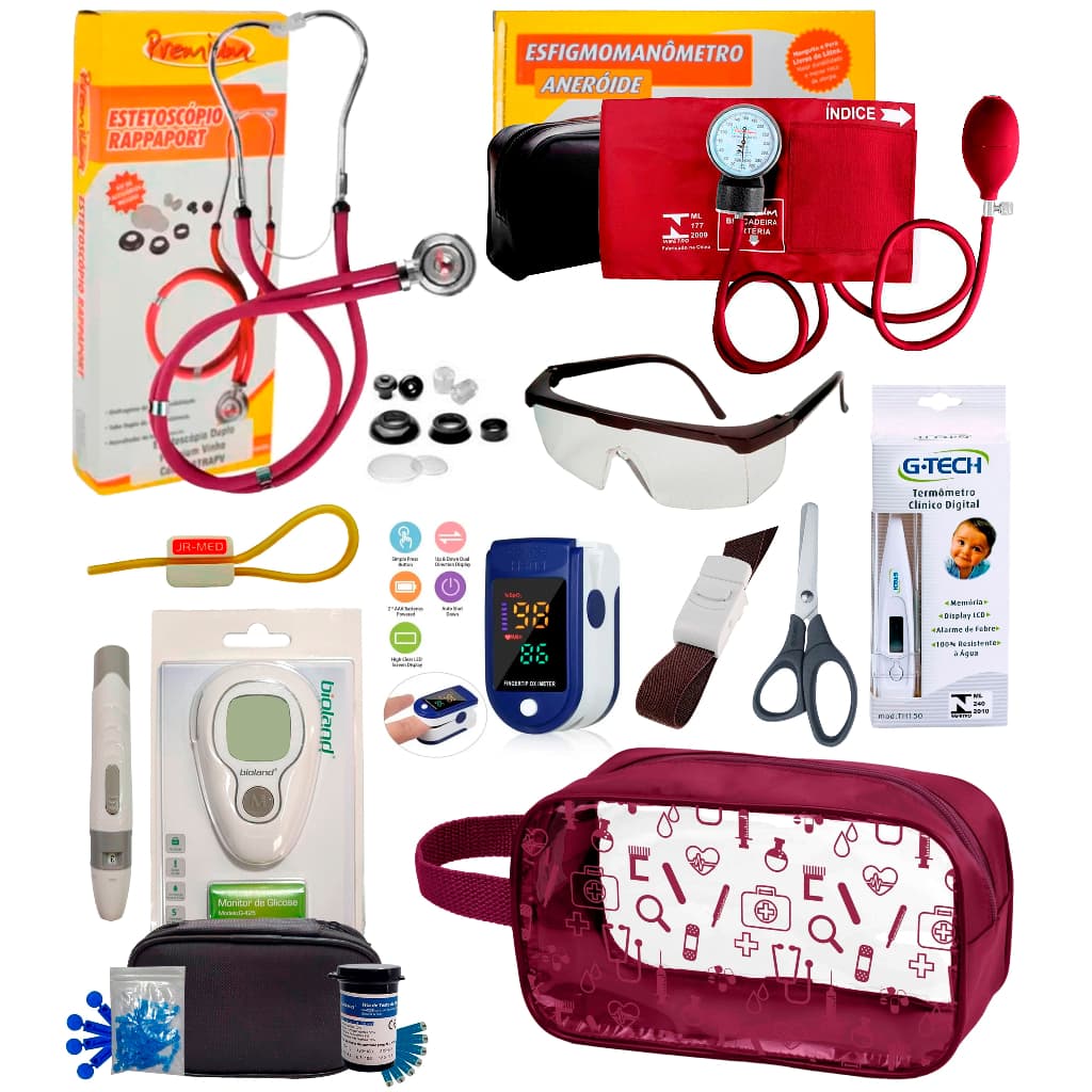 Kit Enfermagem Esfigmomanometro + Estetoscópio Duplo Premium com Oximetro - VINHO ROSA PRETO AZUL