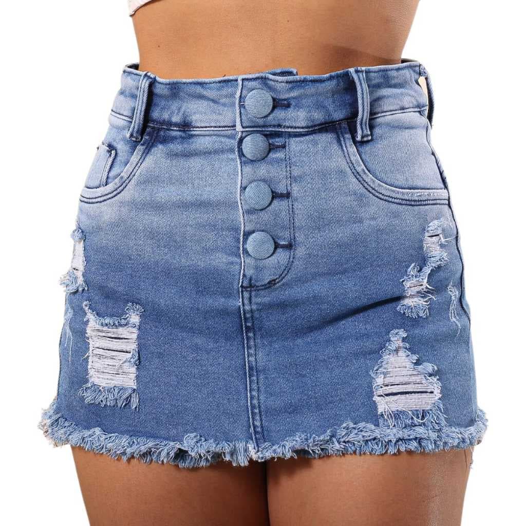 Short Saia Jeans Feminino Com LAYCRA Cintura Alta
