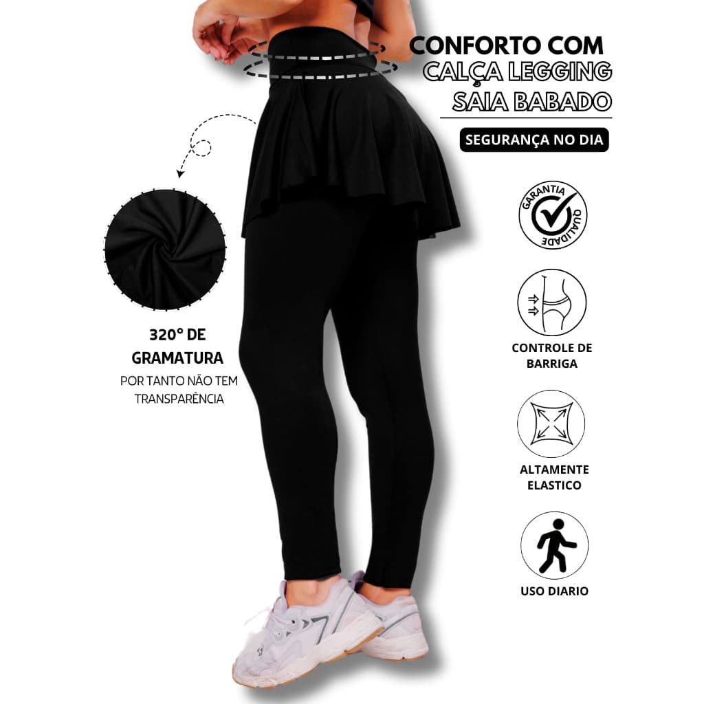 Calça Legging Saia Babado Suplex Cós Alto Segurança e Conforto Na Academia