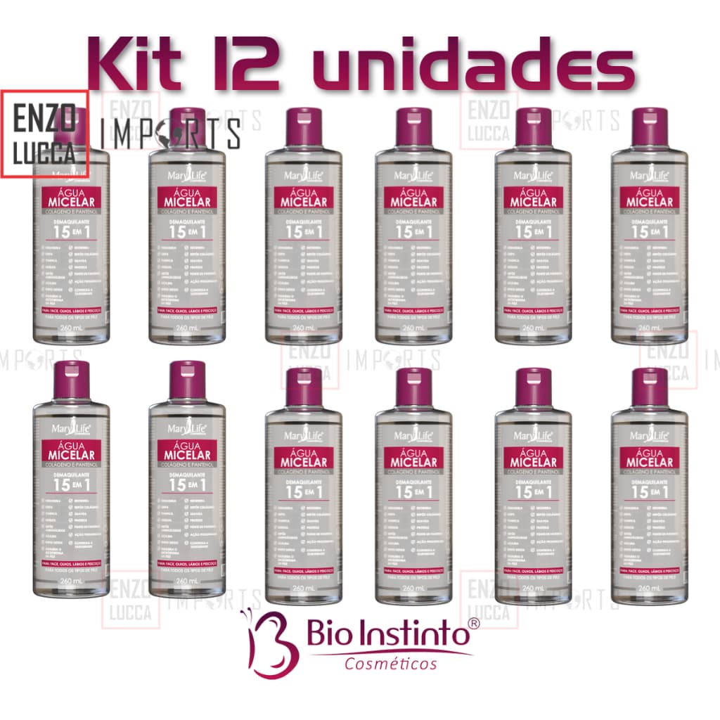 Kit 12 Unidades Água Micelar Demaquilante Colágeno e Pantenol com 15 Benefícios 260ml Atacado