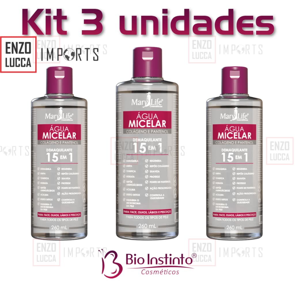 Kit 3 Unidades Água Micelar Colágeno e Pantenol 15 em 1 260mL Mary Life