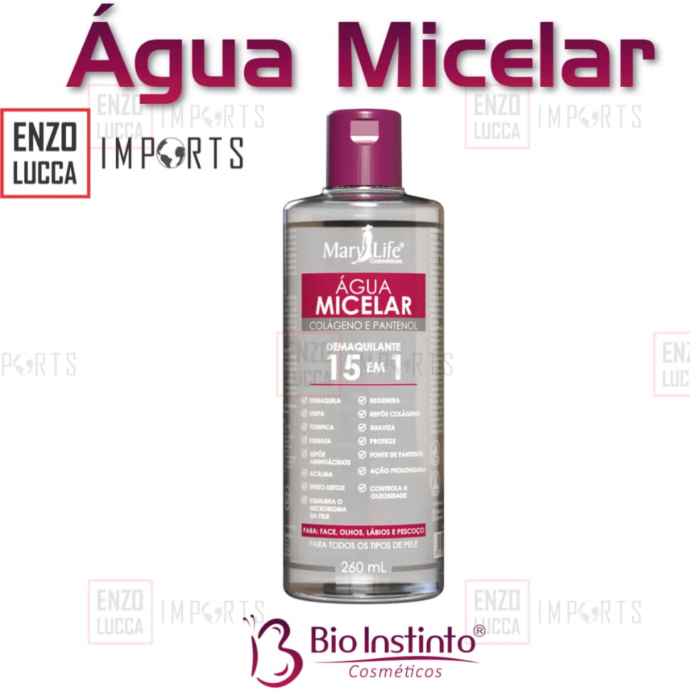 AGUA MICELAR- COLAGENO E PANTENOL- MARY LIFE- DEMAQUILANTE 15 EM 1- 260ML