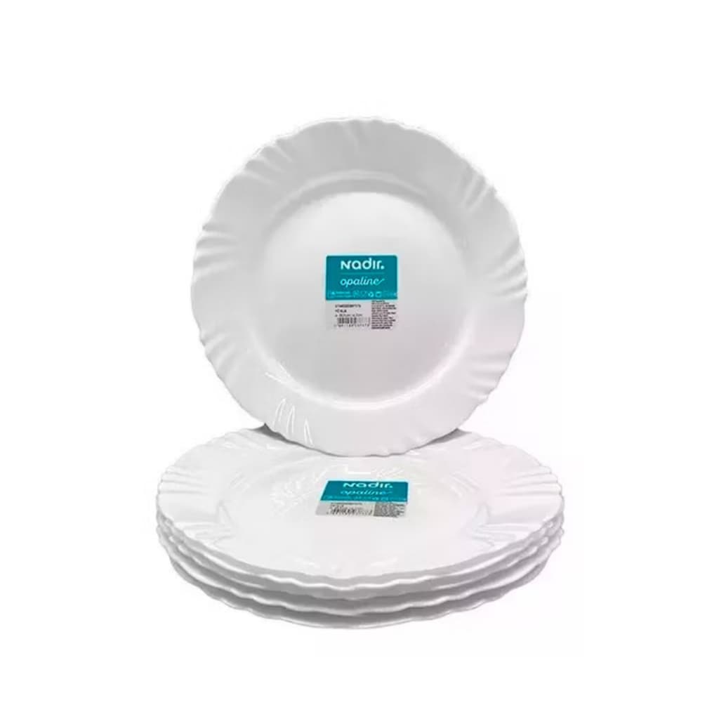 Conjunto 06  Pratos Rasos Nadir 25cm Vidro Branco Opaline Pétala