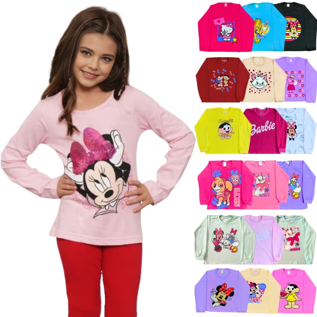 Kit Econômico 5 Camisetas Infantil Feminina Manga Longa Estampada
