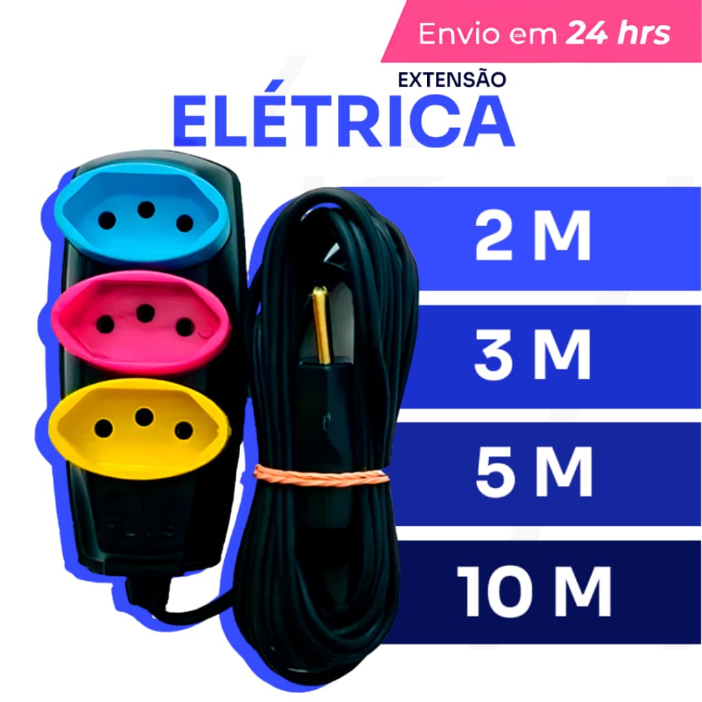 Extensão Elétrica 2/3/5/10 Metros Bivolt Tomadas Tripolares Coloridas