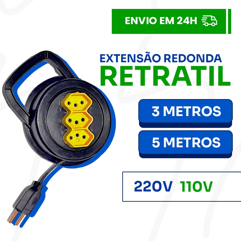 Extensão Retrátil 3/5 metros Redonda 110/220v Bivolt 10A - Colorida