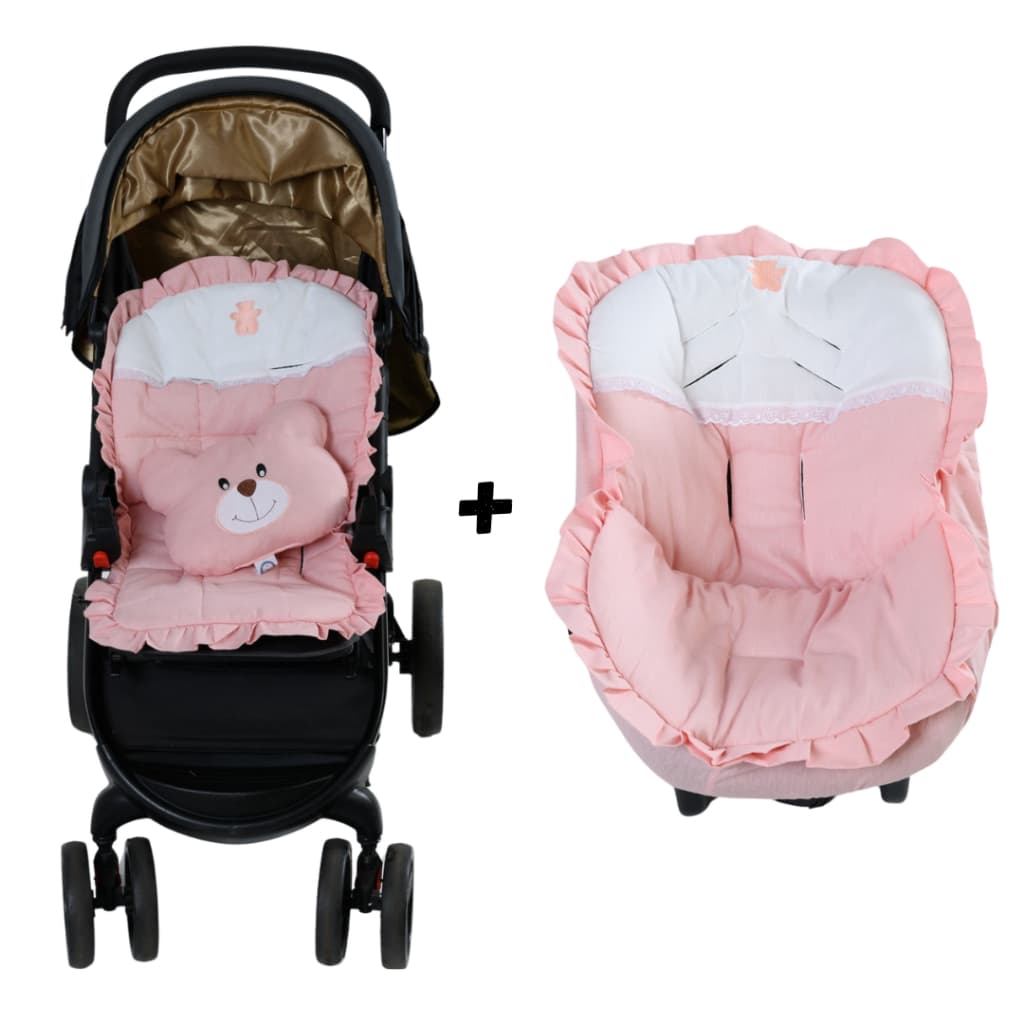 Kit Capa Carrinho + Capa Bebê Conforto Guipir Ursinha Rosê