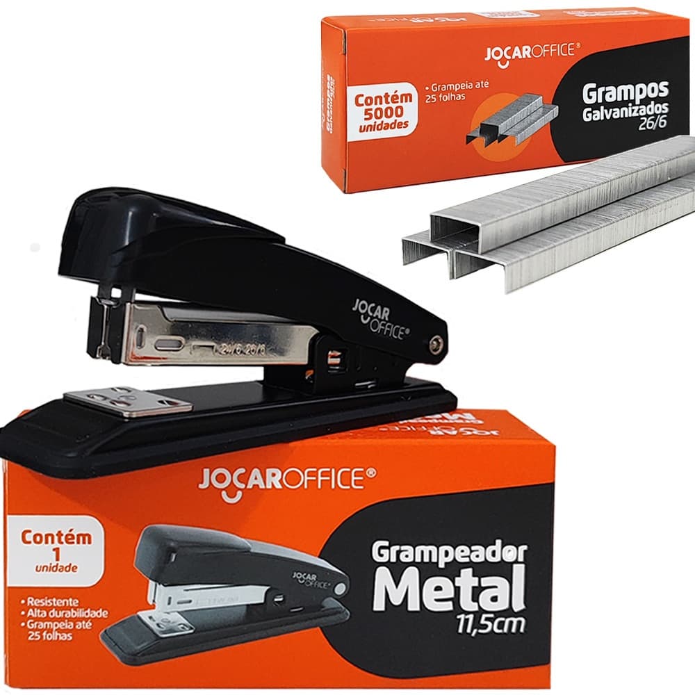 Kit Grampeador Metal 11.5cm Aço Resistente Preto + 5.000 Grampos 26/6 Galvanizados Escritório Escola
