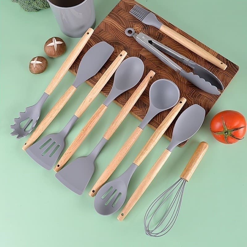 Jogo de Cozinha C/12 Peças de Silicone Utensílios e Copo Suporte para Cozinha Cabo de Madeira yz
