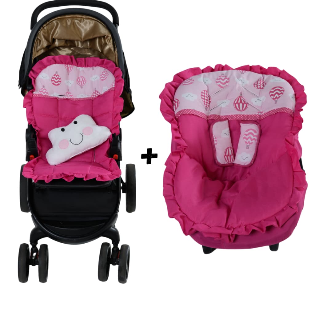 Kit Capa De Carrinho + Capa Bebe Conforto Acolchoadas Macias Balões Pink