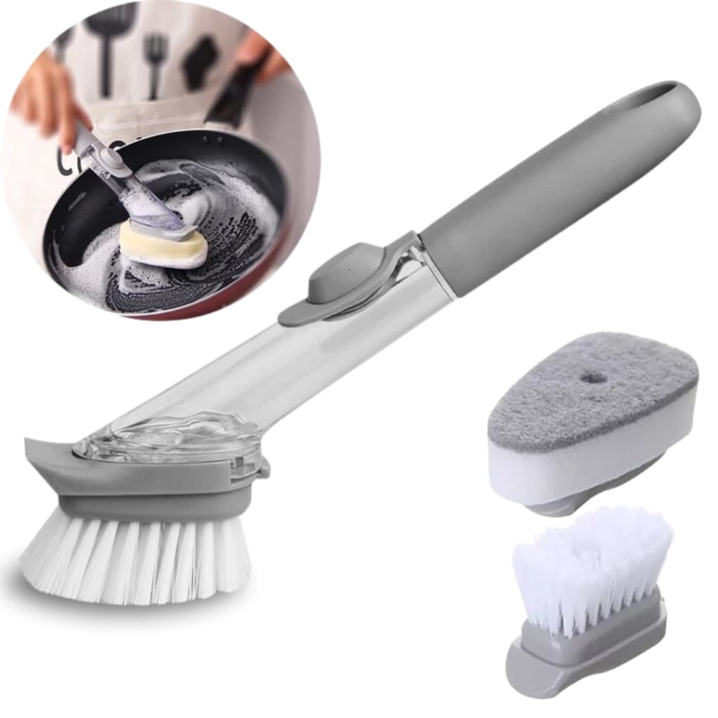 Escova de Limpeza Multiuso Lava Louças Com Porta Detergente + Esponja Escova Higiênica e Prática