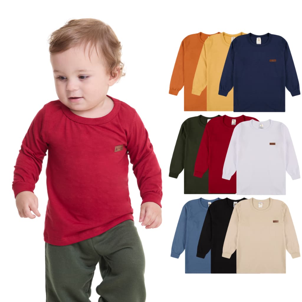 Kit 5 Camisetas Manga Longa Infantil Bebê Menino Básica Lisa Tamanho 1 ao 10