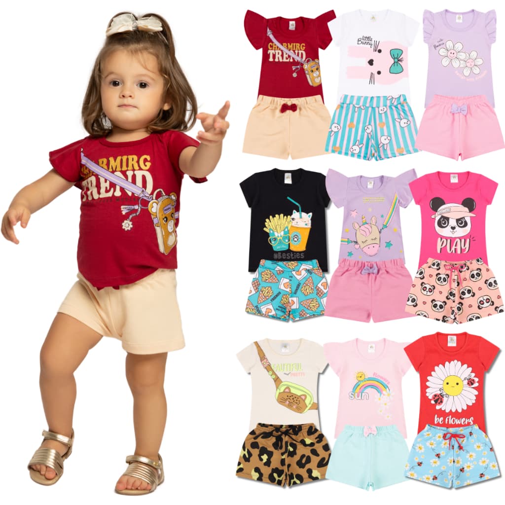Kit Sortido 4 Peças Roupa De Bebê Menina Infantil Verão - 2 Camisetas + 2 Shorts - Tamanhos 6 Meses a 24 Meses