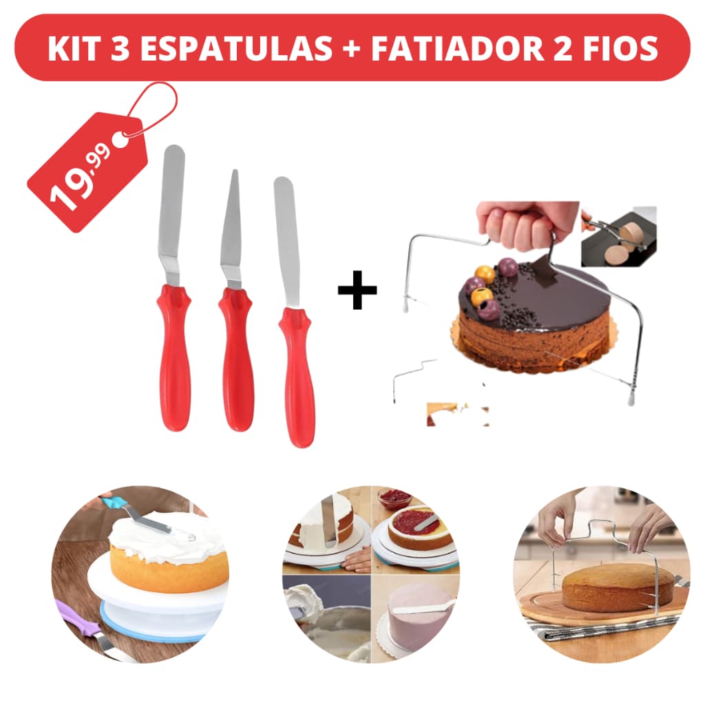 Kit Nivelador E 3 Espátulas Para Confeitar e Fatiar Inox Bolos Alta Qualidade
