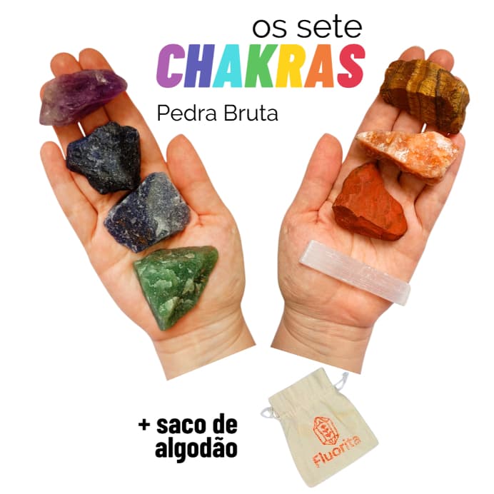 Kit 7 Chakras Pedra Bruta + Saco Algodão + Selenita Branca 8 Cristais Kit Les Energie