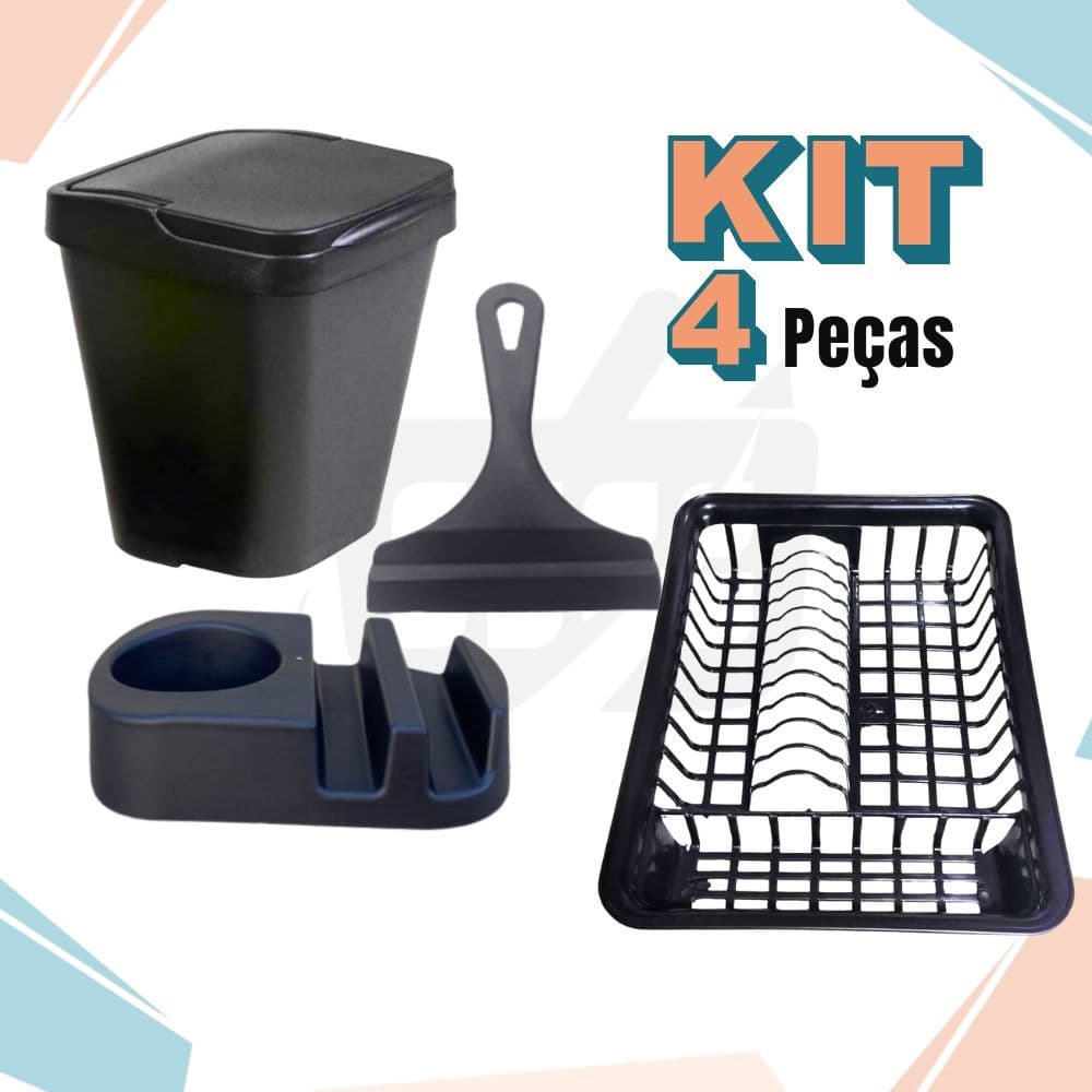 Kit Cozinha PRETO Porta Detergente / Rodo de Pia / Lixeira + Escorredor de Louça Area Gourmet