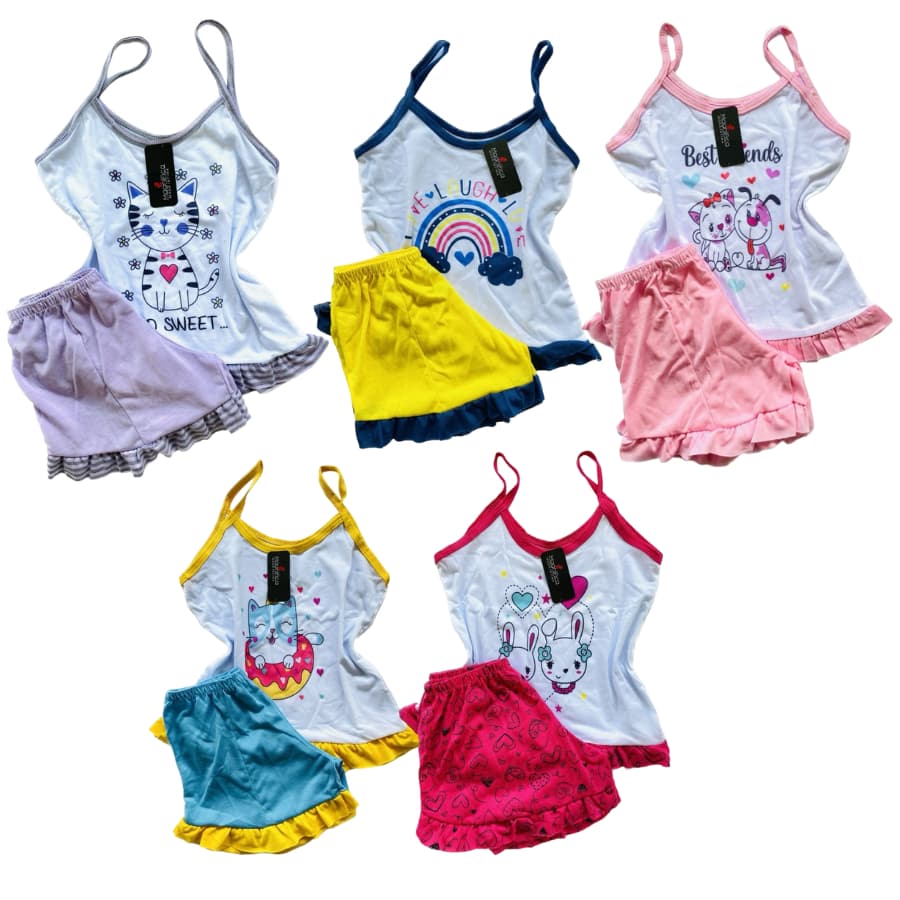 kit com 4 Pijamas Menina Short Doll Malha Estampado Baby doll Infantil Conjunto Babadinho