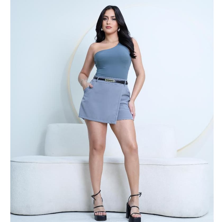 Short Saia Alfaiataria Feminino Con Cinto Cintura Alta Bolsos Lateral e Moda Verão